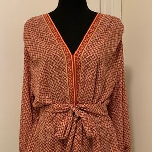 Max Studio Red Print Blouse with Tie- Belt Size XL